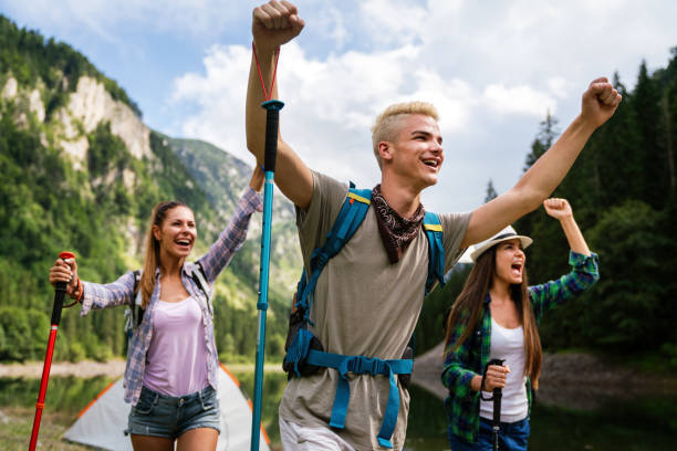 hiking friends travel outdoor sport lifestyle concept